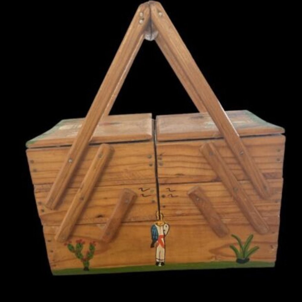Vintage Hand painted Wooden sewing box that folds out - Mexico - Miniature